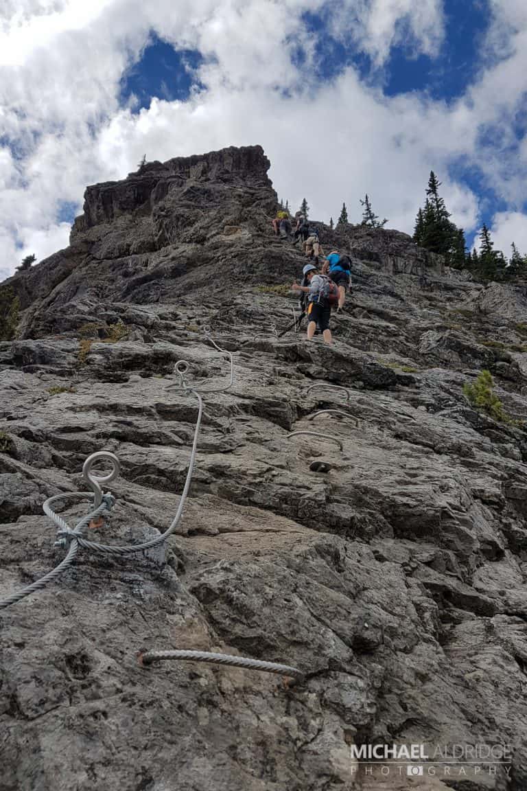 Climbing Via Ferrata route on Mt Norquay in Banff, Canada