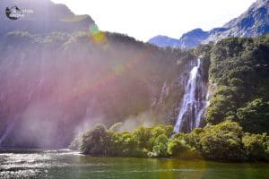 Milford Sounds Waterfall with Sunflare