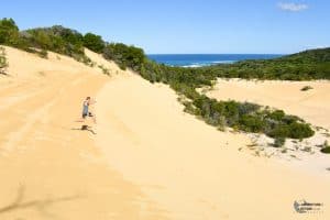 Jumping down a sand dune on Fraser Island