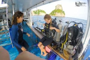 Dora gearing up to dive, Koh Phi Phi