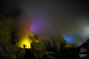 Flames from the sulphur mine on Ijen volcano