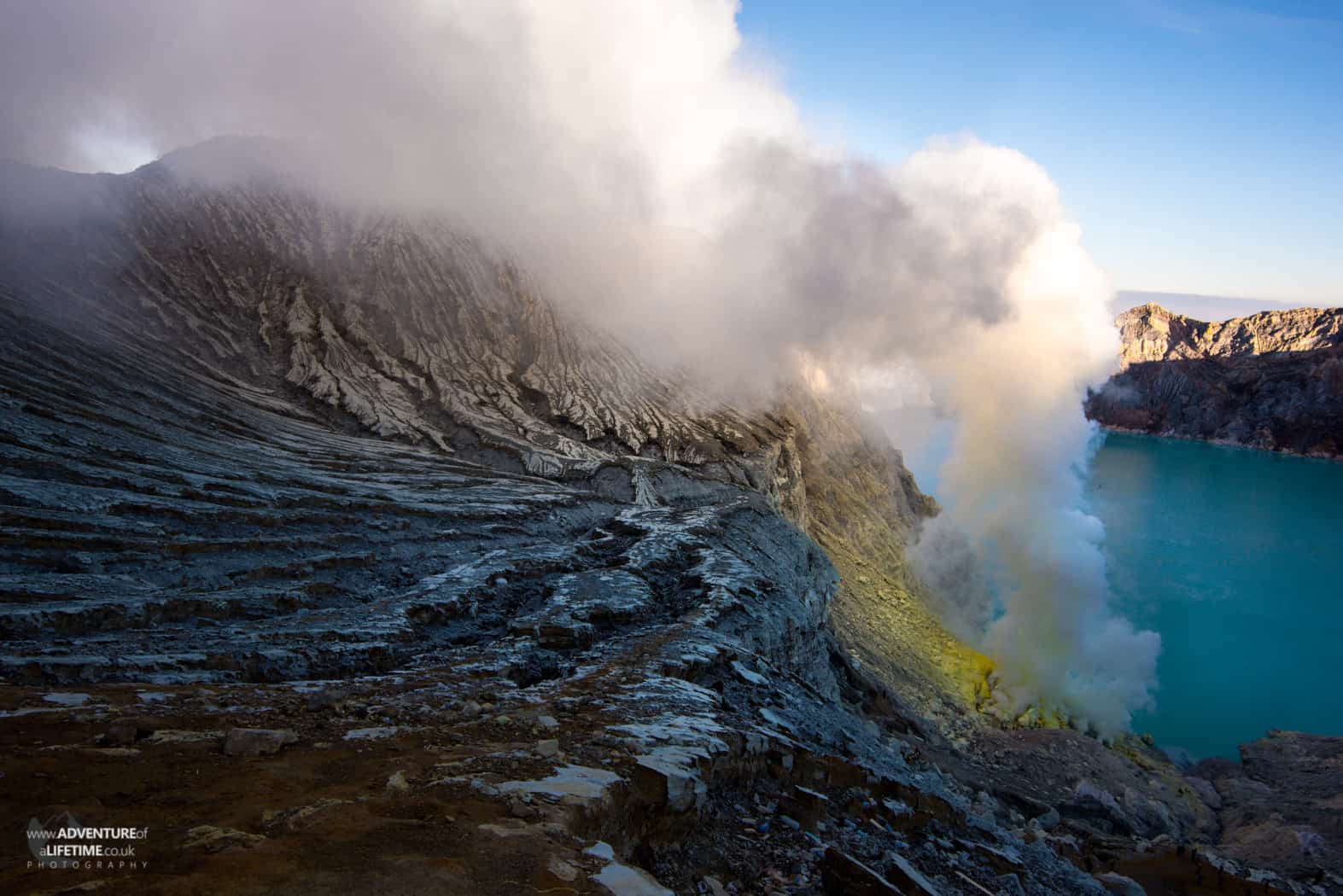 Smoke billows from the Sulphur Mine on Ijen volcano, Java